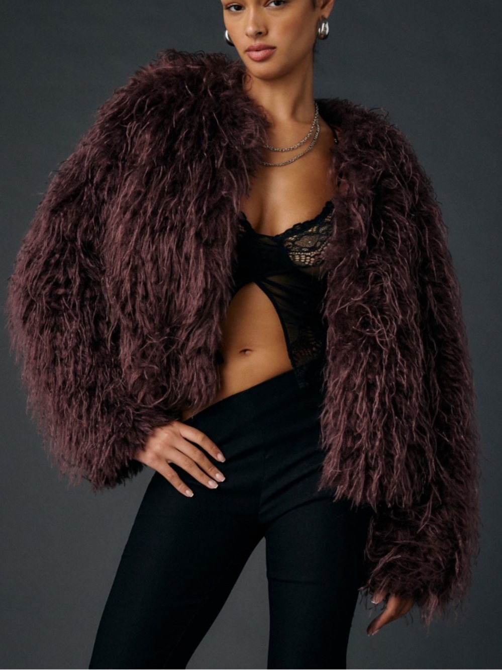 NWT Kimchi Blue Melissa Cropped Mongolian Faux Fur Jacket Purple Size M